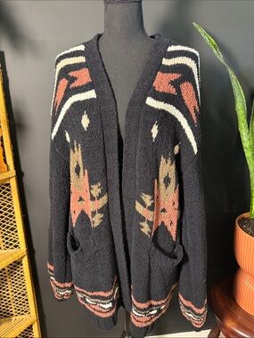 vestique Black Southwestern Patterned Open Cardigan with Rust and Cream Accents